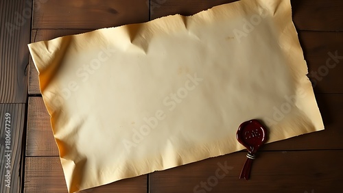 Ancient parchment scroll with wax seal, evoking historical documents on a rustic wooden surface.