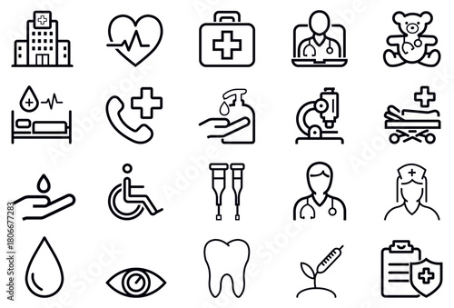 Clean healthcare line icon set showing hospital, doctor, nurse, treatment, hygiene, emergency, medicine and wellness elements, ideal for medical services, clinics, hospital, medical, healthcare