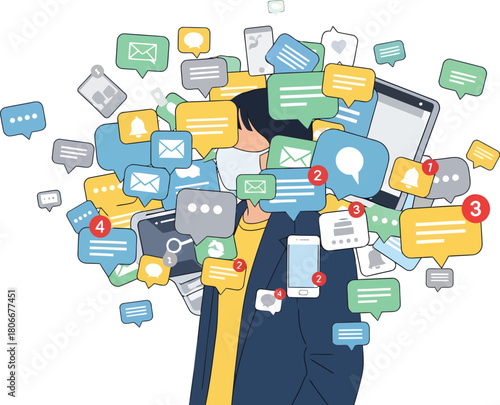 Person overloaded with notifications and digital messages