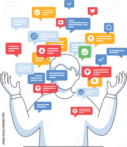 Person drowning in social media messages and notifications