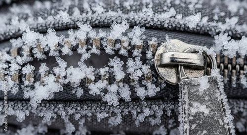 Macro view of a frozen travel backpack zipper packed with compacted snow crystals, highlighting sharp metallic textures, polar cold details, and survival expedition atmosphere.