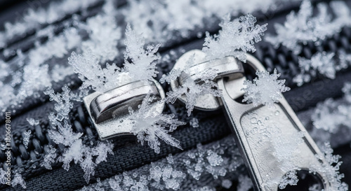 Macro view of a frozen travel backpack zipper packed with compacted snow crystals, highlighting sharp metallic textures, polar cold details, and survival expedition atmosphere.