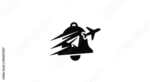 Stylized silhouette of a bell with an airplane flying past, symbolizing travel or announcements.