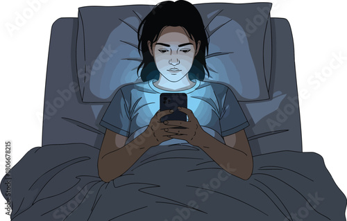 Young woman lying in bed using mobile phone late at night