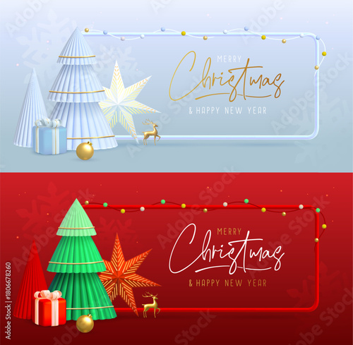Holiday Christmas background with 3d plastic Christmas trees, gift box, string of lights, star and golden deer. Vector illustration