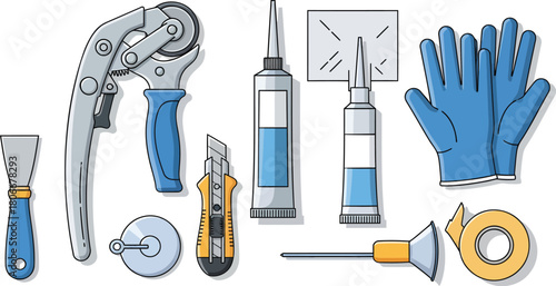 Set of plumbing tools for repair work on white background