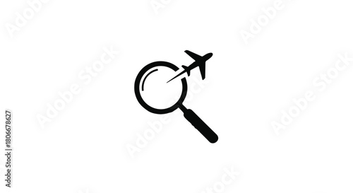 Magnifying glass focusing on airplane, symbolizing travel search and discovery.