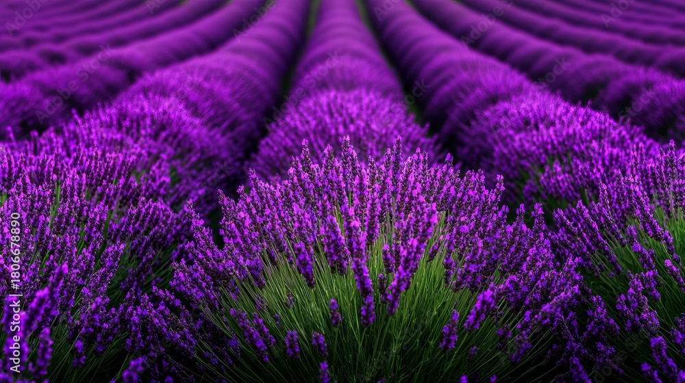 Obraz premium Lavender plants are arranged in rows creating a vivid purple landscape. - high quality Lavender plants are arranged in rows creating a vivid purple la
