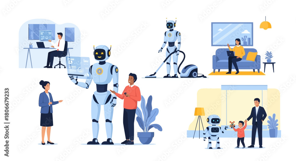 Fototapeta premium Advanced AI Robots Revolutionizing Modern Living, Enhancing Productivity at Work, Automating Home Tasks, and Enriching Family Experiences