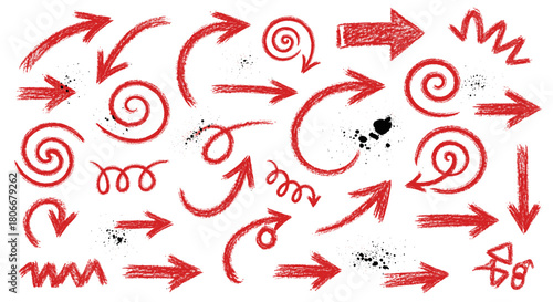 Collection of hand-drawn red arrows pointing in various directions and shapes.