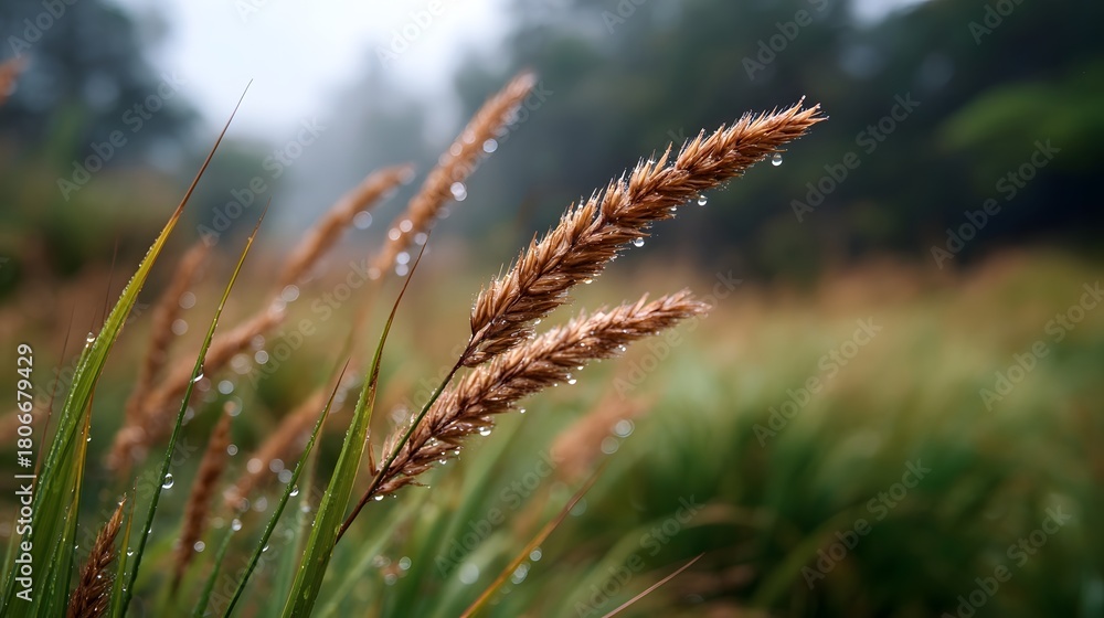 Obraz premium Close up view of tall grass stalks covered in sparkling dew droplets on a misty overcast morning in a natural meadow
