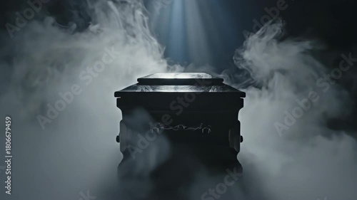 Urn for cremation covered by smoke and fog with ray of light. Memorial background for funeral and remembrance. Mourning day concept.