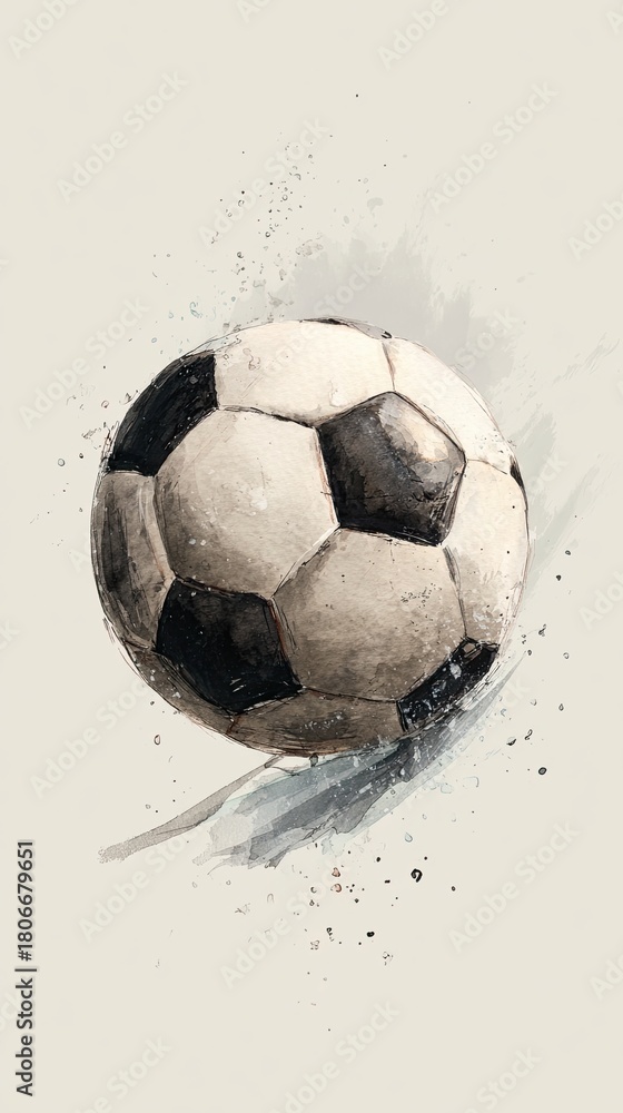 Naklejka premium A detailed illustration of a soccer ball, featuring classic black and white panels, set against a light background with painterly splashes.
