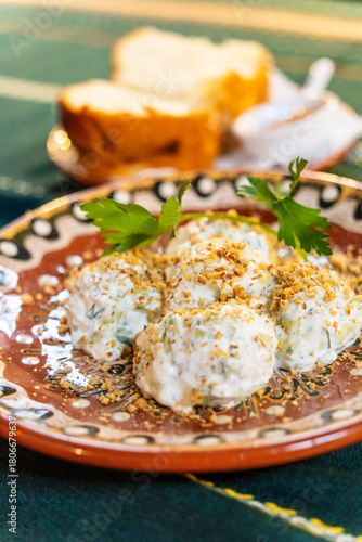 Thracian salad with cucumber and Bulgarian yogurt, Manastirska Magernitsa, traditional Bulgarian restaurant, Sofia, Republic of Bulgaria, Europe