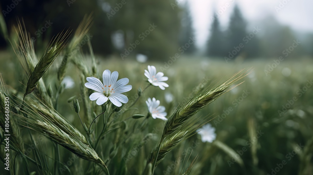 Obraz premium Delicate white wildflowers bloom in a misty meadow surrounded by tall green grass and grain stalks in soft morning light