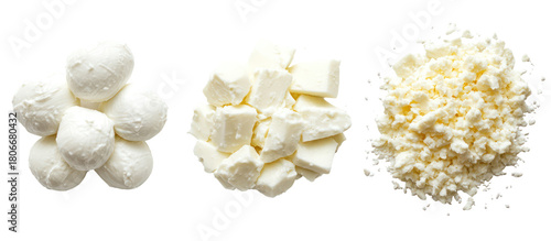 Three piles of mozzarella swiss parmesan side by side overhead on transparent background