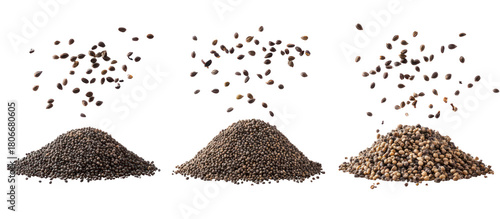 Fototapeta Naklejka Na Ścianę i Meble -  Three piles of nigella seeds cumin seeds and basil seeds falling on transparent background