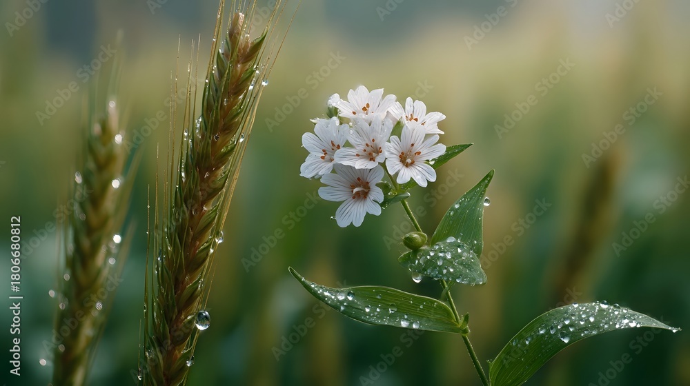 Obraz premium Dew drops on white wildflowers and wheat stalks in a serene meadow at dawn