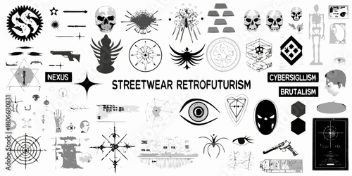 A collection of streetwear retrofuturism cybersigillism and brutalism graphic elements