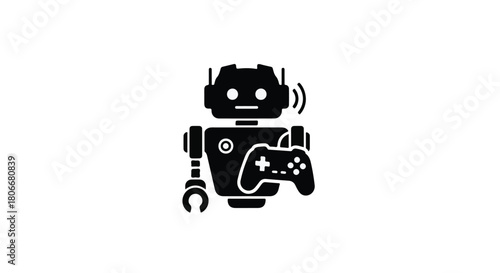 Futuristic robot character holding a video game controller, ready for entertainment.