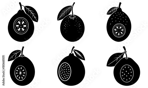 Black silhouette illustration of six lemons with leaves and cut sections displayed clearly here