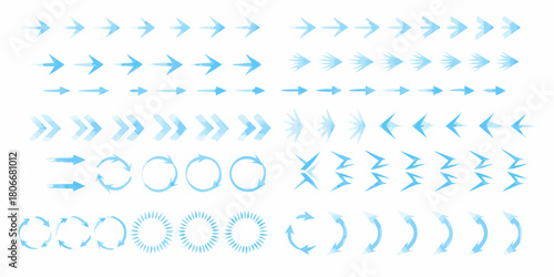 Collection of blue arrows and circular designs for directional and informative graphics