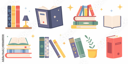 Collection of colorful books and reading elements in a flat vector illustration