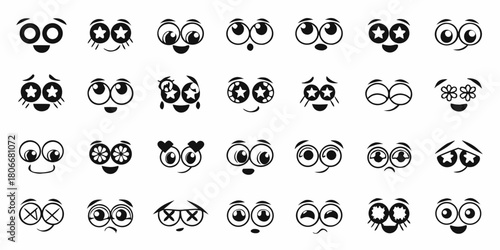 Collection of cartoon eye expressions and emotions in black and white vector illustration