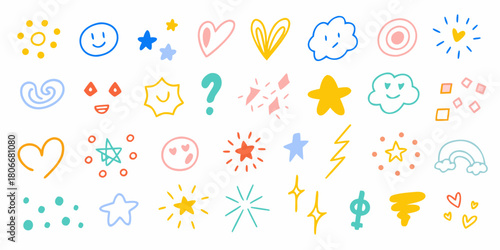 Hand drawn doodle elements and symbols in various colors on a white background