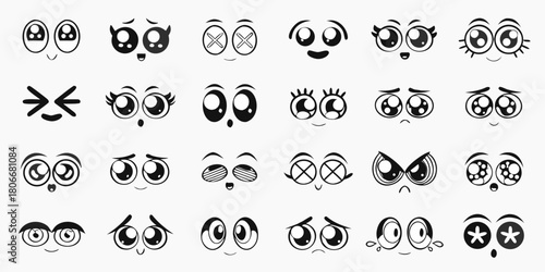 Collection of cartoon eyes with various expressions in black and white vector illustration