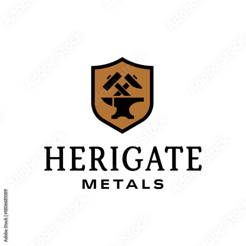 Strong blacksmith emblem featuring crossed hammers and an anvil inside a shield, ideal for metalwork, craftsmanship, forging, and industrial branding. Editable Vector File
