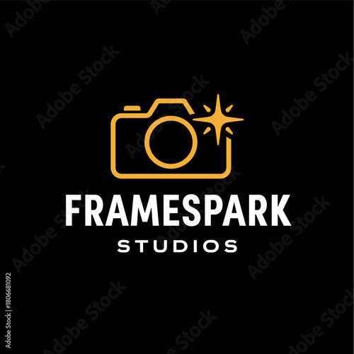 Minimal camera outline with a sparkling flash icon, creating a modern photography and studio branding logo suitable for creative media and visual arts. Editable Vector File
