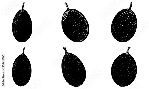 Illustration of six black and white passion fruits with varying textures and orientations on white background