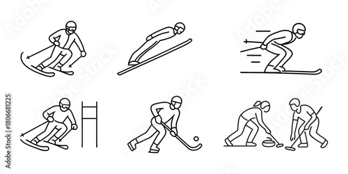 Collection of outlined icons illustrating winter sports: freestyle skiing, ski jumping, downhill racing, slalom, ice hockey, and curling