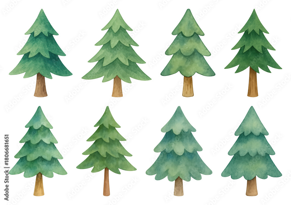 Fototapeta premium PNG Watercolor evergreen trees illustration, element set on transparent background