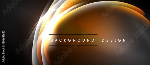 Abstract orange curves, glowing lines create dynamic background. Dark space surrounds bright central form. Text reads background design.