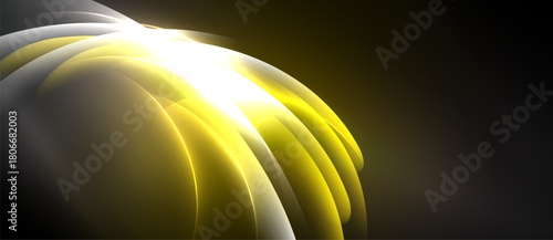 Abstract golden waves radiate from bright light source. Smooth curves create dynamic, flowing composition against dark background.