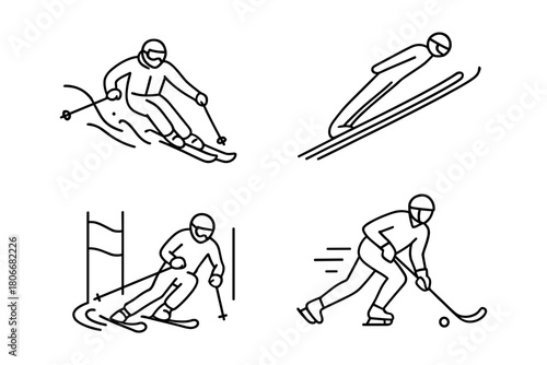 Outlined vector icons featuring winter sports: mogul skiing, ski jumping, slalom skiing, and ice hockey