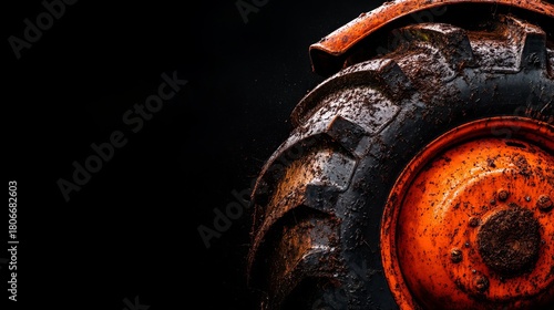 Muddy orange tractor tire is partially visible against a dark black background on a farm, showing wear and tear.