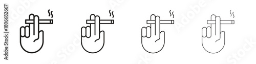 Hand holding cigarette icons. Simple solid style. thin stroke line icons