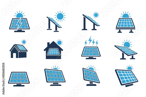 Collection of solar panel icons and illustrations