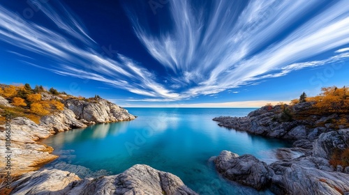 Ocean water sits between rocky formations under a dynamic sky with wispy clouds and bright sunlight.