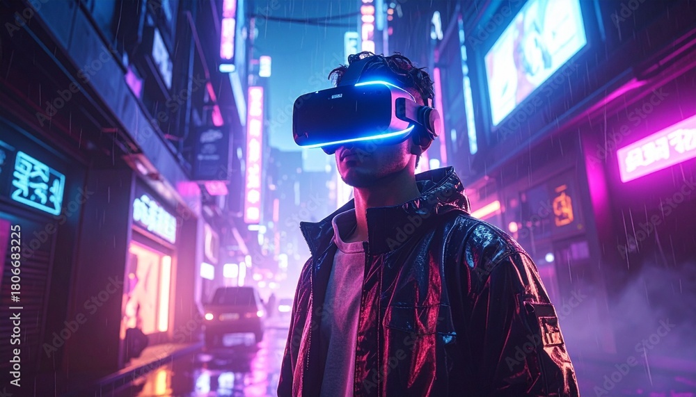 Fototapeta premium Man wearing VR headset explores neonlit city street at night, experiencing immersive virtual reality with futuristic technology and vibrant atmosphere.