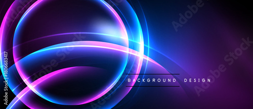 Abstract neon lines create circular shapes, vibrant purple hues dominate design. Background features gradient, modern aesthetic.