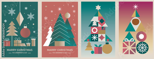 Four festive christmas card designs featuring geometric shapes and winter themes