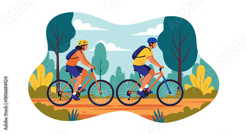 Couple biking through a park enjoying the outdoors on a sunny day during a scenic ride along a path with trees