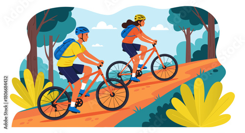 A young couple enjoys a healthy outdoor adventure, riding mountain bikes together on a scenic forest trail in a flat vector illustration