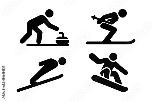 Solid black icon set depicting winter sports: curling, alpine skiing, ski jumping, and snowboarding. Bold silhouette style for universal readability in signage, apps, or event materials.
