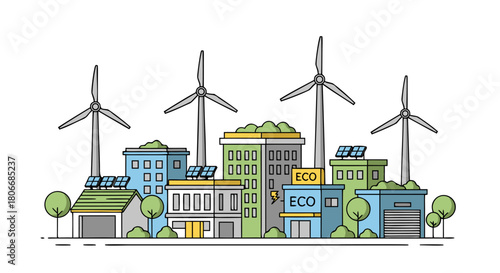 Green city landscape powered by sustainable renewable energy sources, showcasing modern eco-friendly urban development with wind turbines and solar panels