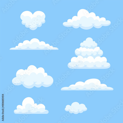 Collection of various cartoon clouds floating in a bright blue sky, simple illustration.